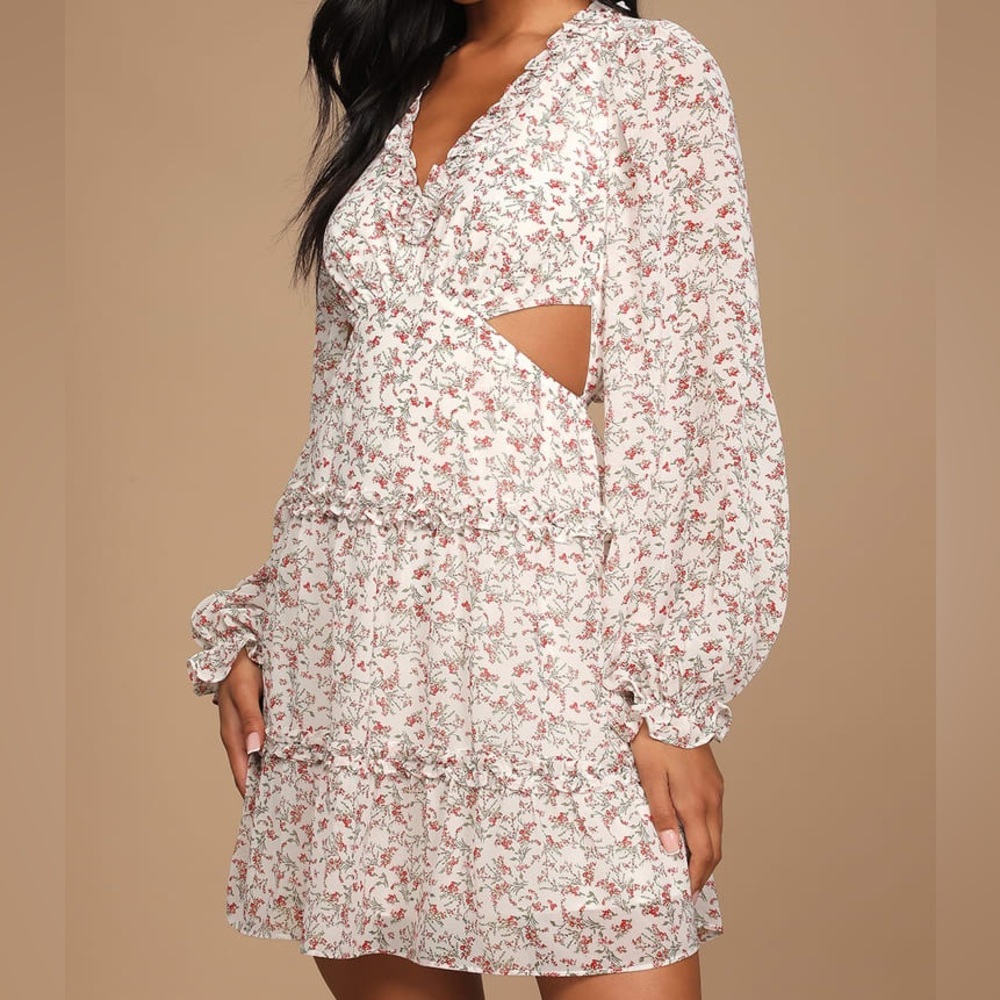 Ivory Floral Print Ruffled Backless Mini Dress | XS 🌺